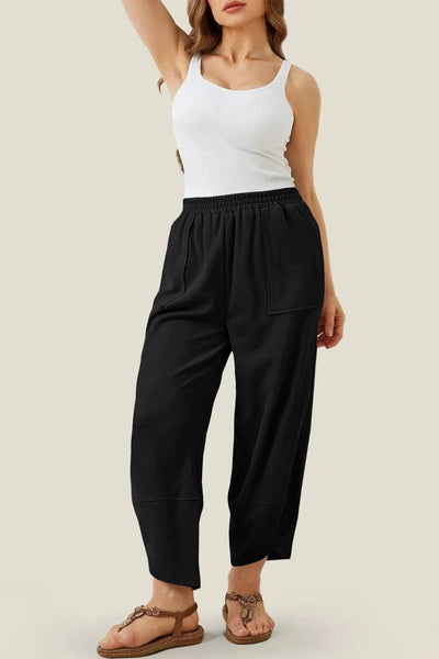 Women's Black Arched Hem Plus Size Capri Pants with Elastic Waist