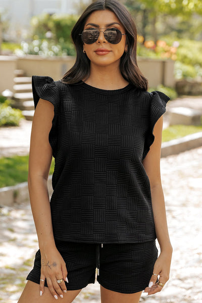Women's Black Basketweave Top and Drawstring Shorts Set