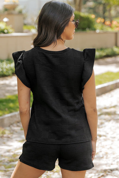 Women's Black Basketweave Top and Drawstring Shorts Set