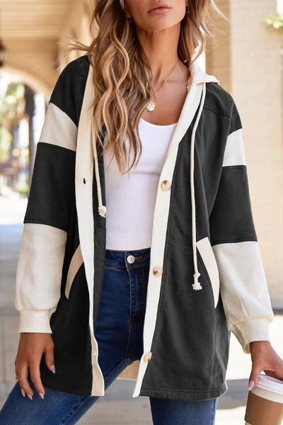 Women's Black Color Block Waffle Knit Button Hoodie