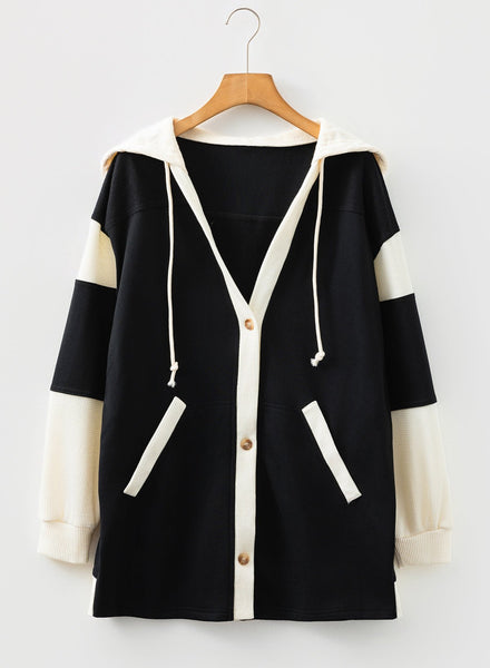 Women's Black Color Block Waffle Knit Button Hoodie