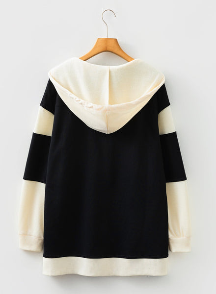 Women's Black Color Block Waffle Knit Button Hoodie