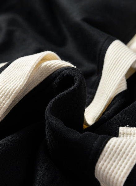 Women's Black Color Block Waffle Knit Button Hoodie