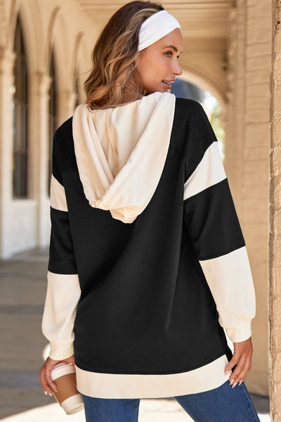 Women's Black Color Block Waffle Knit Button Hoodie