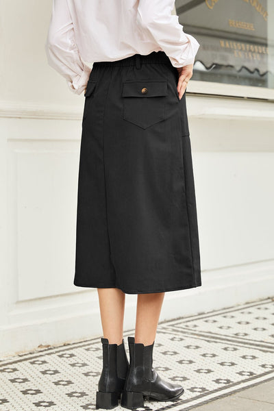 Women's Black Corduroy High-Waist Midi Skirt with Front Slit