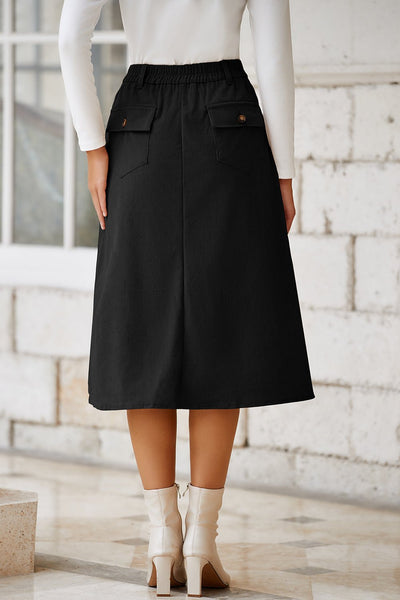 Women's Black Corduroy High-Waist Midi Skirt with Front Slit