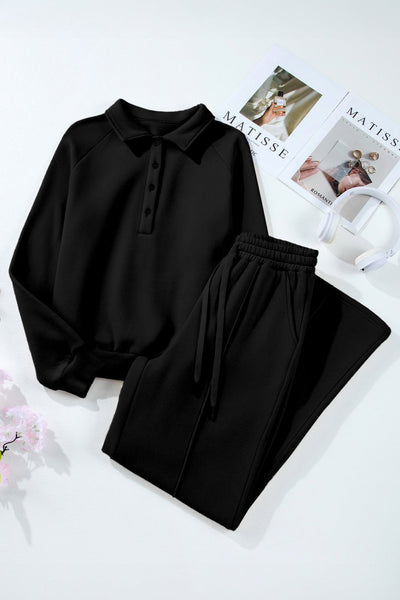 Women's Black Cotton-Blend Polo Sweatshirt and Wide-Leg Set
