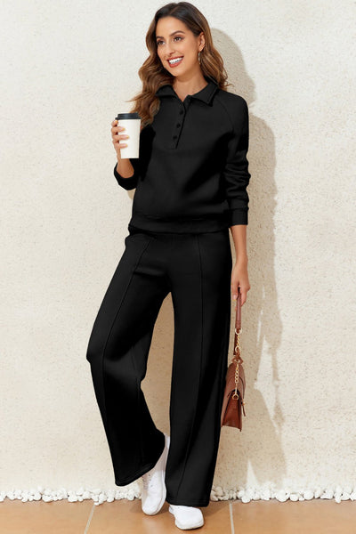 Women's Black Cotton-Blend Polo Sweatshirt and Wide-Leg Set