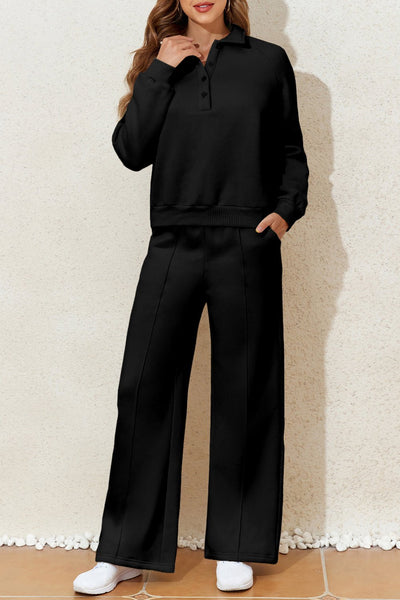Women's Black Cotton-Blend Polo Sweatshirt and Wide-Leg Set