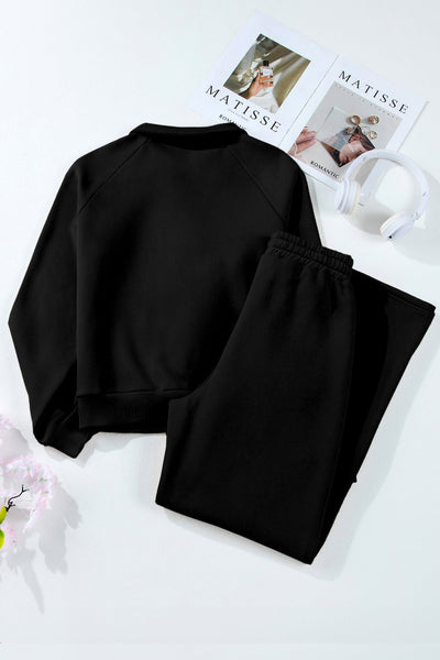 Women's Black Cotton-Blend Polo Sweatshirt and Wide-Leg Set