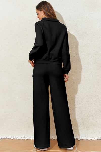 Women's Black Cotton-Blend Polo Sweatshirt and Wide-Leg Set