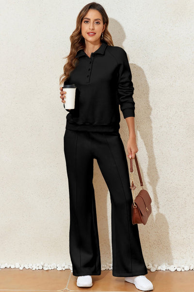 Women's Black Cotton-Blend Polo Sweatshirt and Wide-Leg Set