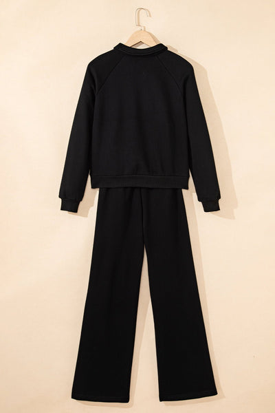 Women's Black Cotton-Blend Polo Sweatshirt and Wide-Leg Set