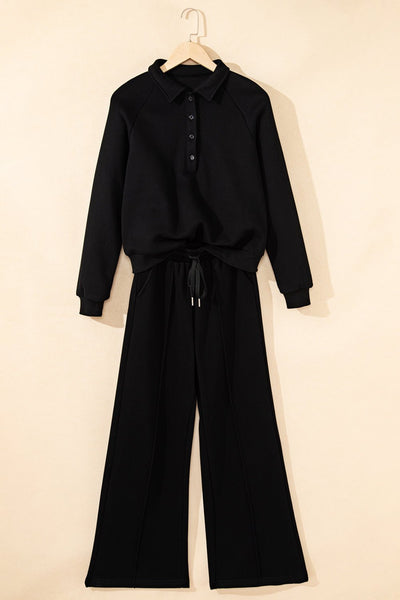 Women's Black Cotton-Blend Polo Sweatshirt and Wide-Leg Set