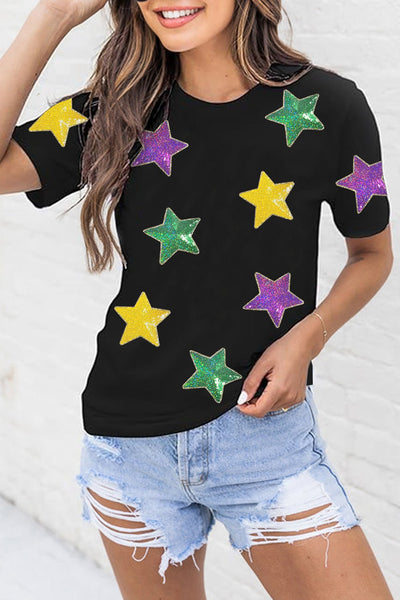 Women's Black Cotton-Blend Sequin Star Graphic Tee