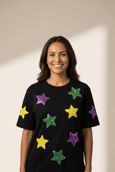 Women's Black Cotton-Blend Sequin Star Graphic Tee