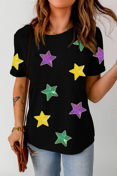 Women's Black Cotton-Blend Sequin Star Graphic Tee