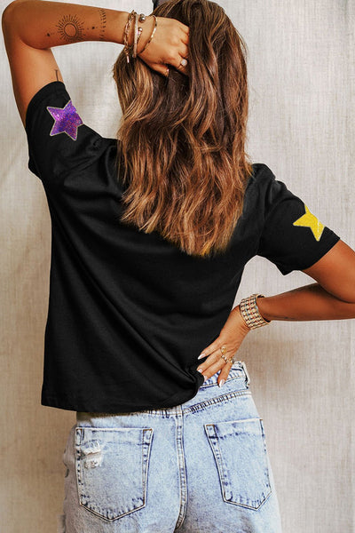 Women's Black Cotton-Blend Sequin Star Graphic Tee