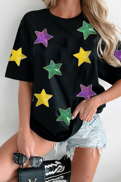 Women's Black Cotton-Blend Sequin Star Graphic Tee