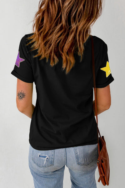 Women's Black Cotton-Blend Sequin Star Graphic Tee