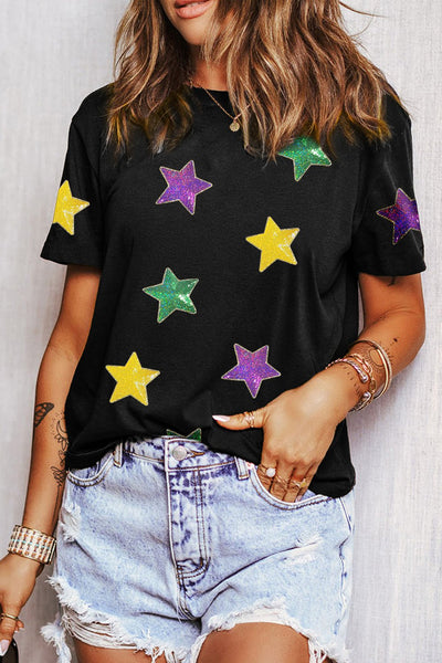 Women's Black Cotton-Blend Sequin Star Graphic Tee