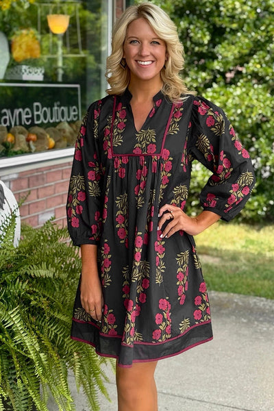 Women's Black Cotton Floral Babydoll Dress with Notched Neckline