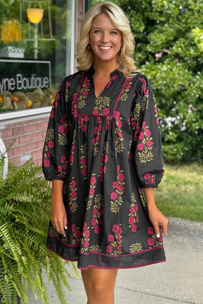 Women's Black Cotton Floral Babydoll Dress with Notched Neckline