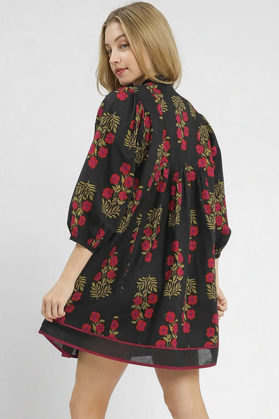 Women's Black Cotton Floral Babydoll Dress with Notched Neckline
