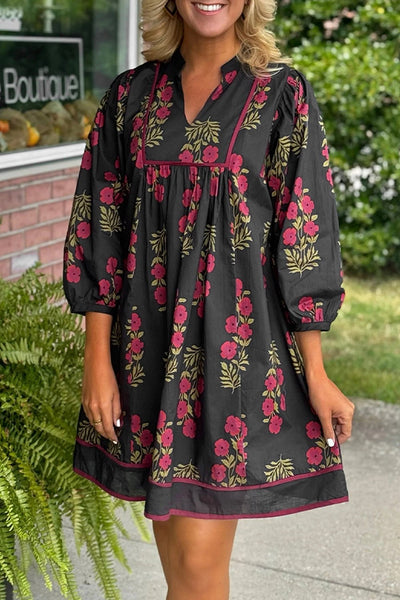 Women's Black Cotton Floral Babydoll Dress with Notched Neckline