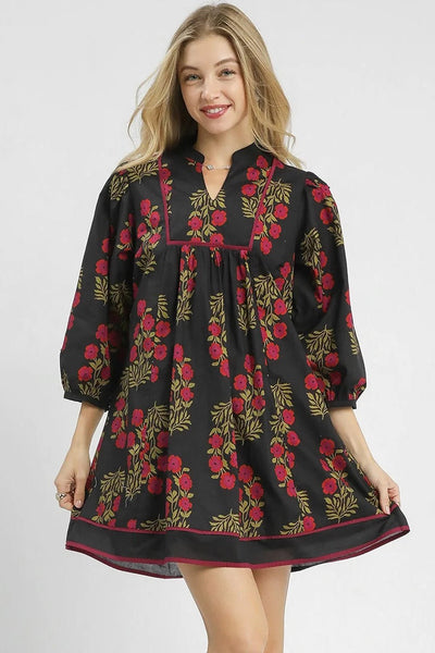 Women's Black Cotton Floral Babydoll Dress with Notched Neckline