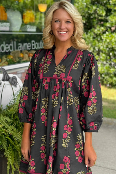 Women's Black Cotton Floral Babydoll Dress with Notched Neckline