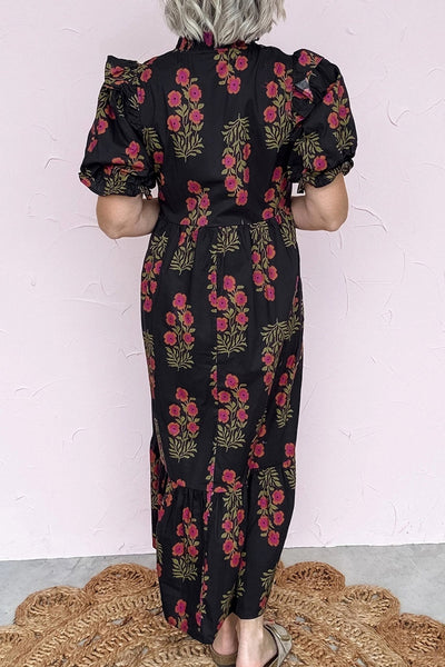 Women's Black Cotton Floral Maxi Dress with Puff Sleeves
