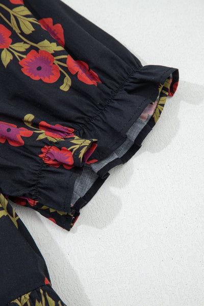 Women's Black Cotton Floral Maxi Dress with Puff Sleeves