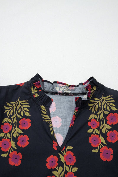 Women's Black Cotton Floral Maxi Dress with Puff Sleeves