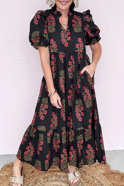 Women's Black Cotton Floral Maxi Dress with Puff Sleeves