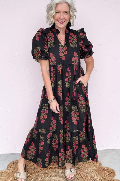 Women's Black Cotton Floral Maxi Dress with Puff Sleeves