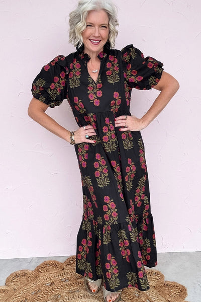 Women's Black Cotton Floral Maxi Dress with Puff Sleeves