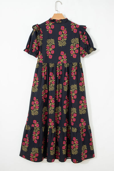 Women's Black Cotton Floral Maxi Dress with Puff Sleeves