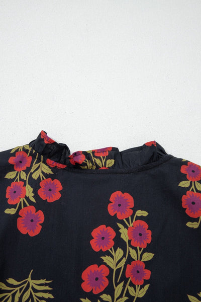 Women's Black Cotton Floral Maxi Dress with Puff Sleeves
