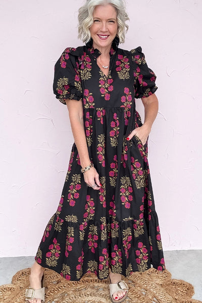 Women's Black Cotton Floral Maxi Dress with Puff Sleeves