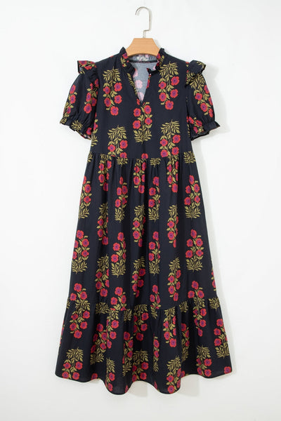 Women's Black Cotton Floral Maxi Dress with Puff Sleeves