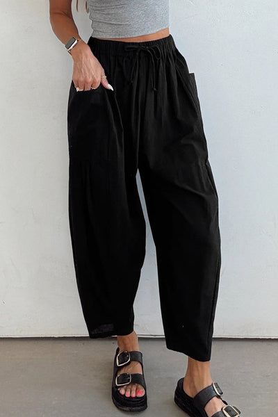 Women's Black Cotton-Viscose Barrel Leg Pants with Drawstring