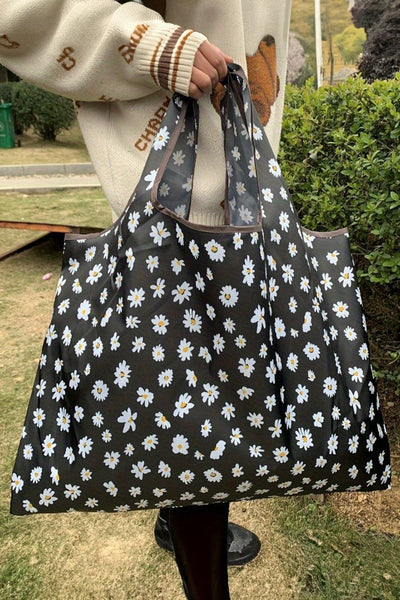 Women's Black Daisy Print Foldable Tote Bag | Lightweight Poly Shopper