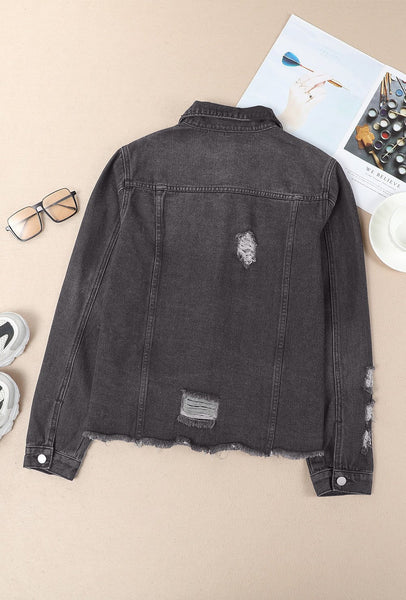 Women's Black Distressed Denim Jacket with Raw Hem and Lapel