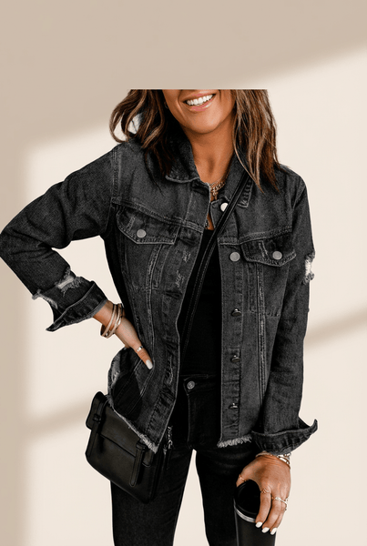 Women's Black Distressed Denim Jacket with Raw Hem and Lapel