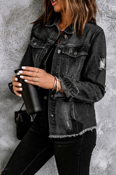Women's Black Distressed Denim Jacket with Raw Hem and Lapel