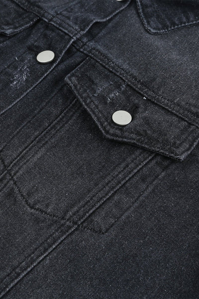 Women's Black Distressed Denim Jacket with Raw Hem and Lapel