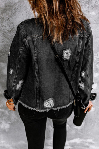 Women's Black Distressed Denim Jacket with Raw Hem and Lapel