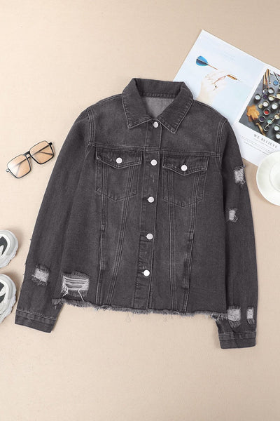 Women's Black Distressed Denim Jacket with Raw Hem and Lapel