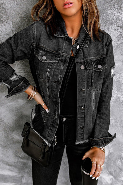 Women's Black Distressed Denim Jacket with Raw Hem and Lapel